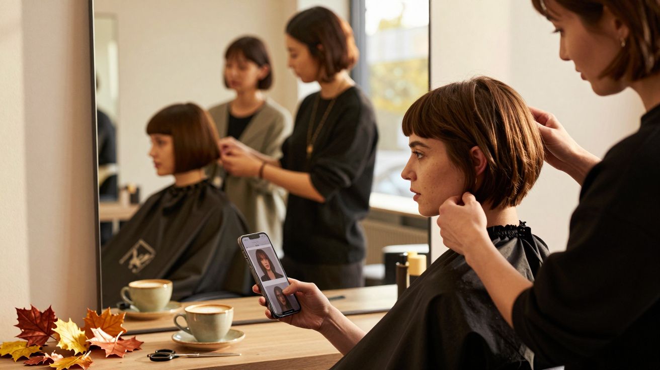 Cliente com cabelo curto conferindo foto no celular enquanto cabeleireira ajusta corte em salão.