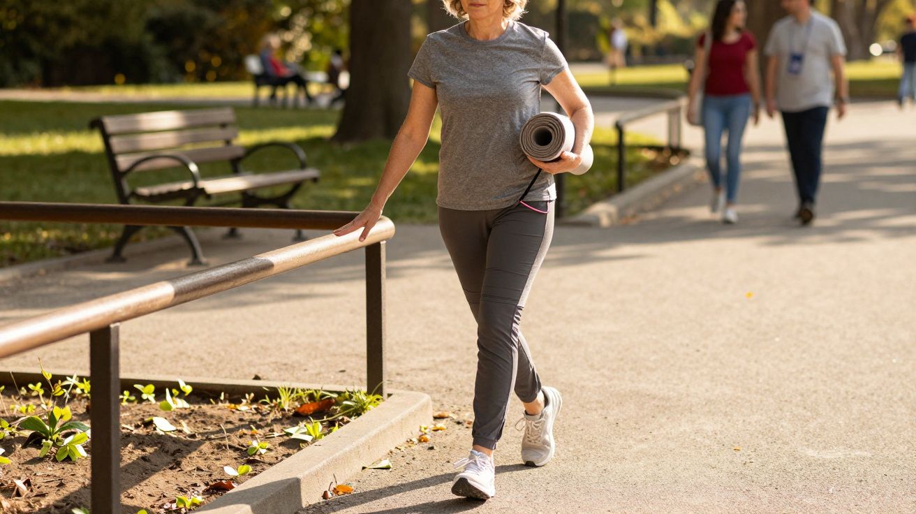 Mulher caminhando em parque segurando tapete de yoga, vestindo roupa esportiva cinza e tênis branco.