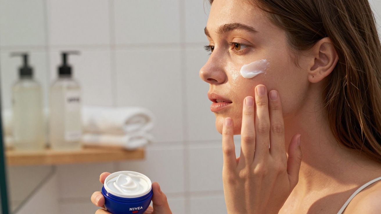 Mulher aplicando creme facial Nivea no rosto em banheiro com toalhas e frascos ao fundo.