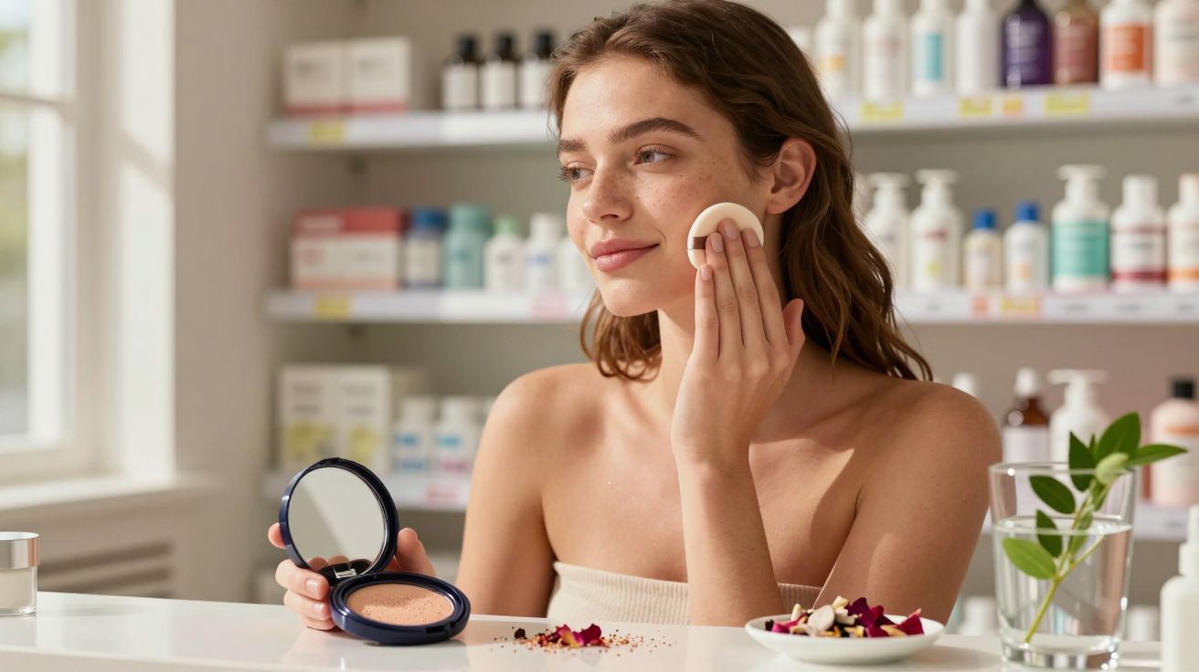 Mulher aplicando maquiagem com esponja no rosto, em ambiente claro com produtos de beleza ao fundo.