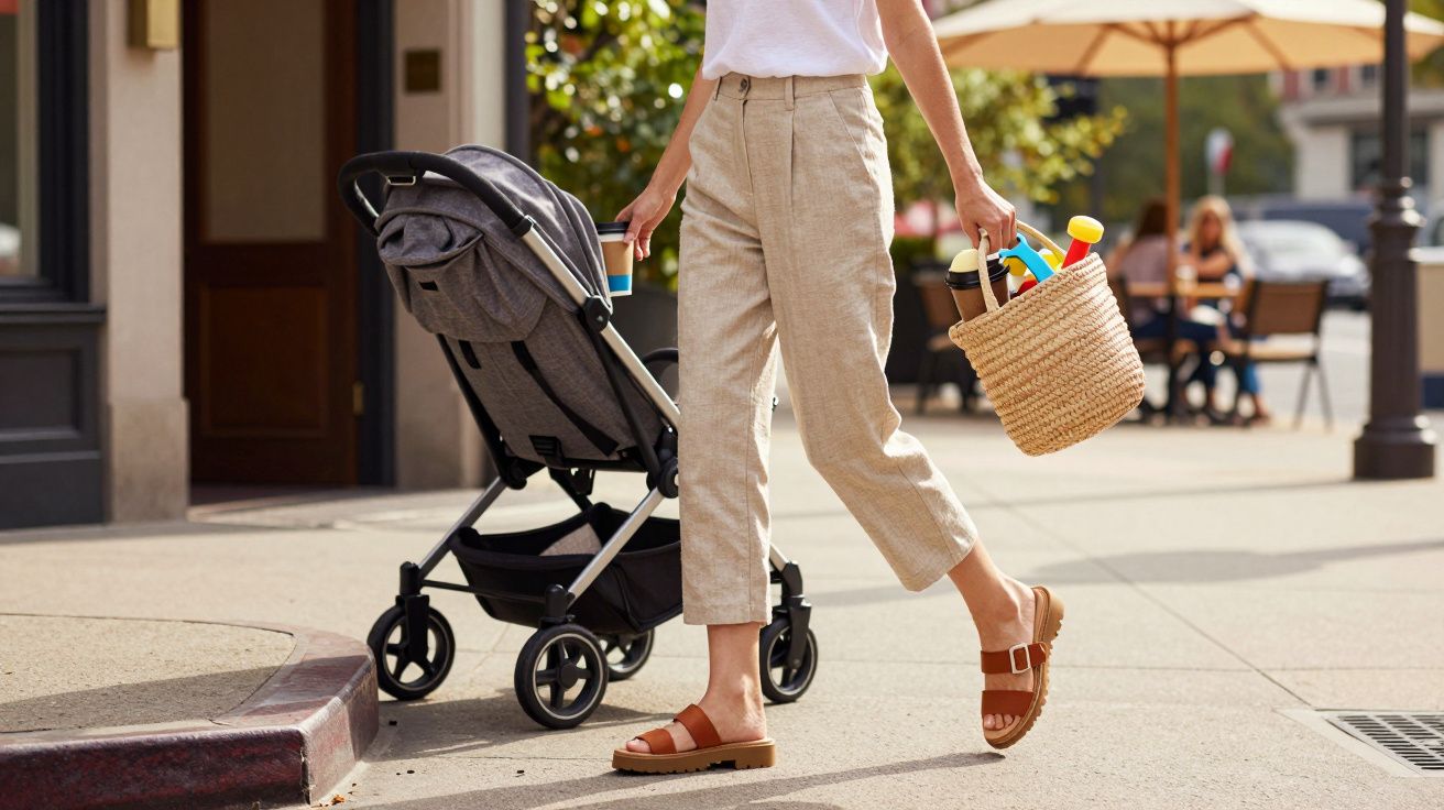 Pessoa empurrando carrinho de bebê e segurando bolsa de palha com brinquedos na calçada urbana.