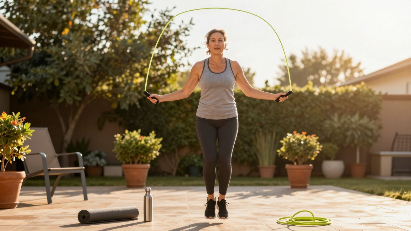 Mulher pulando corda ao ar livre em área de lazer com plantas e acessórios de exercício.