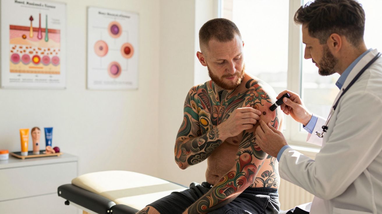 Médico dermatologista examina tatuagem no braço de paciente em consultório bem iluminado.