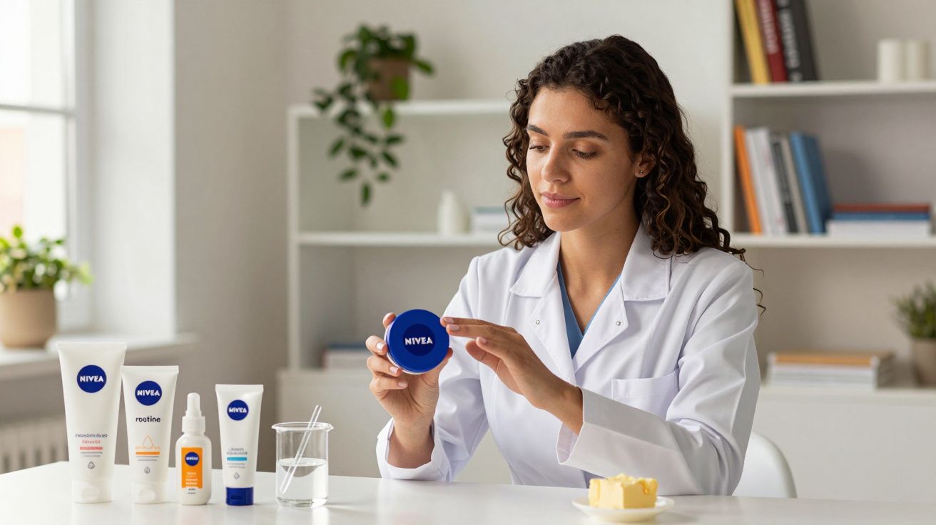 Mulher com jaleco branco examina pote de creme NIVEA em mesa com produtos de skincare.