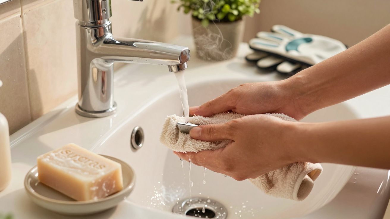 Mãos lavando um aparelho de barbear com água quente em uma pia de banheiro.
