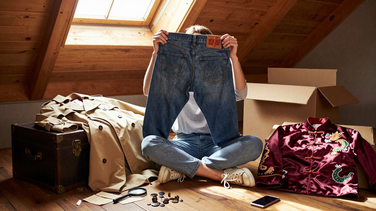 Pessoa sentada no chão de sótão segurando calça jeans, com outras roupas e caixa ao redor.