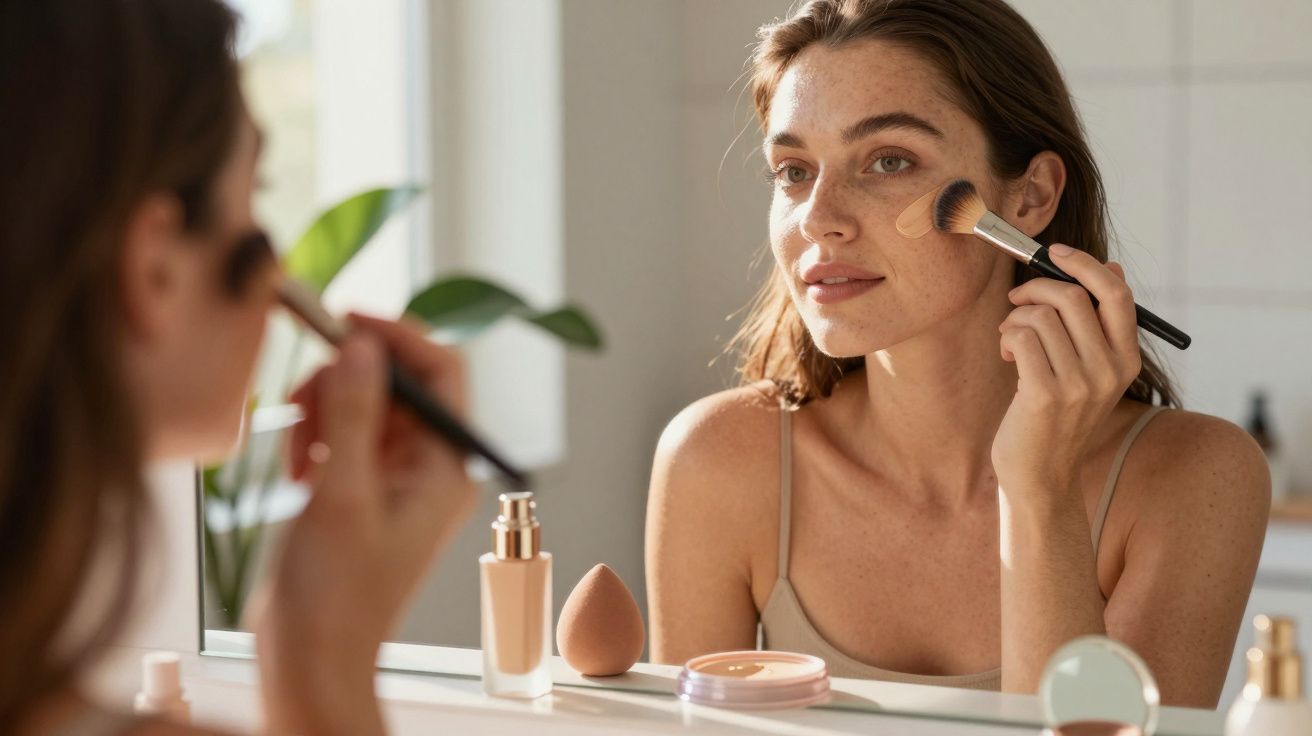 Mulher aplicando maquiagem com pincel no rosto em frente ao espelho, com produtos de beleza sobre a bancada.