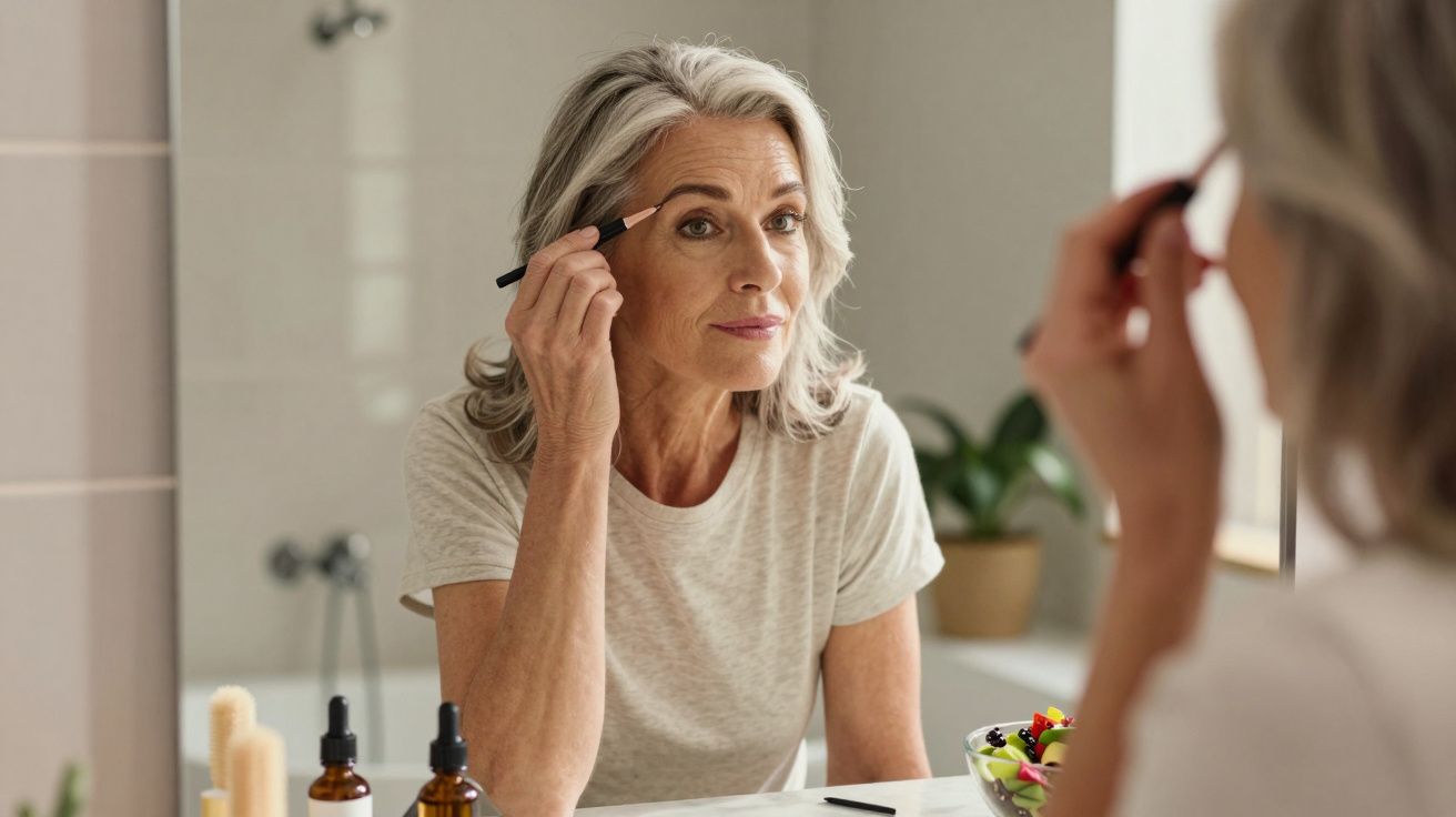 Mulher madura aplicando lápis de sobrancelha olhando no espelho em banheiro iluminado.