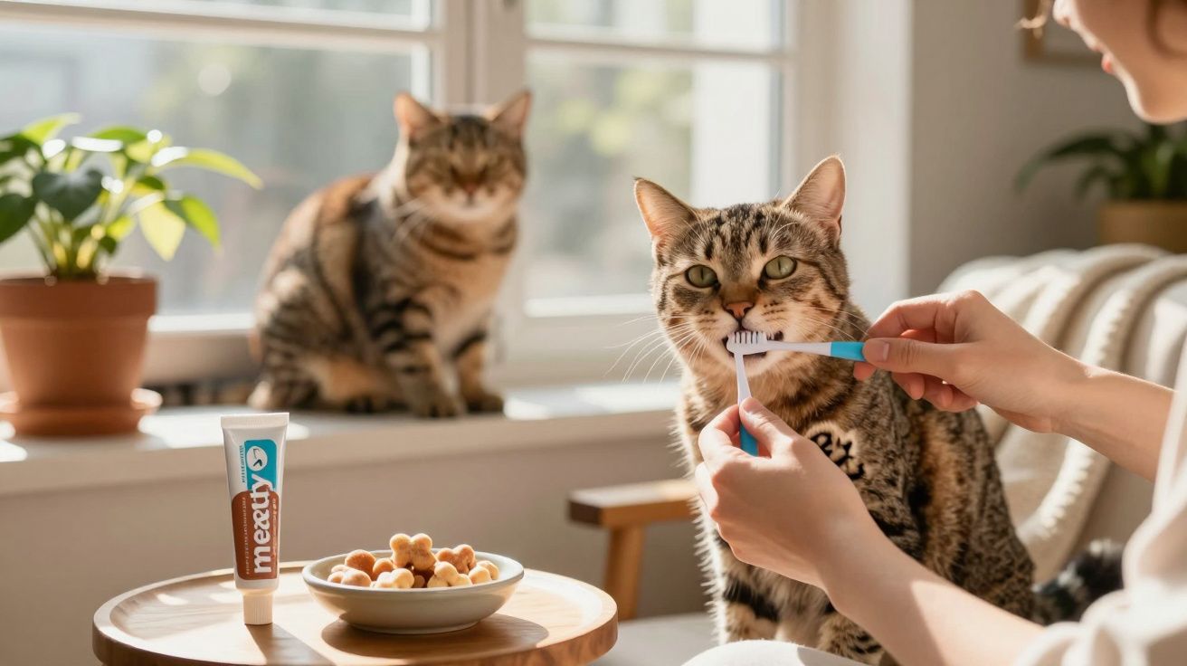 Pessoa escova os dentes de um gato em ambiente interno com outro gato ao fundo.