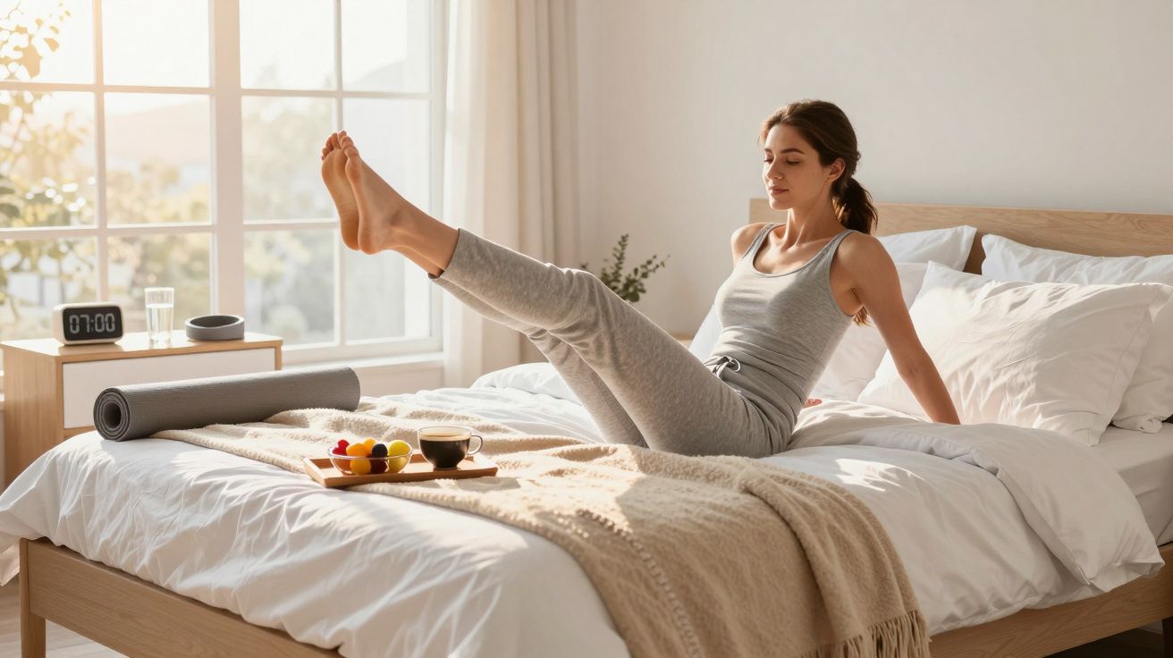 Mulher fazendo exercícios de pernas na cama em quarto iluminado pela manhã com janela grande.