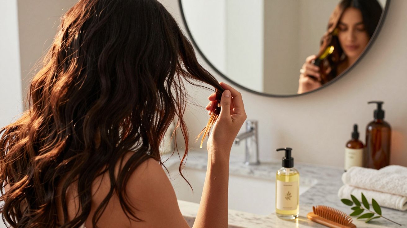 Mulher com cabelos longos e ondulados cuidando das pontas no banheiro com produtos de cabelo na bancada.