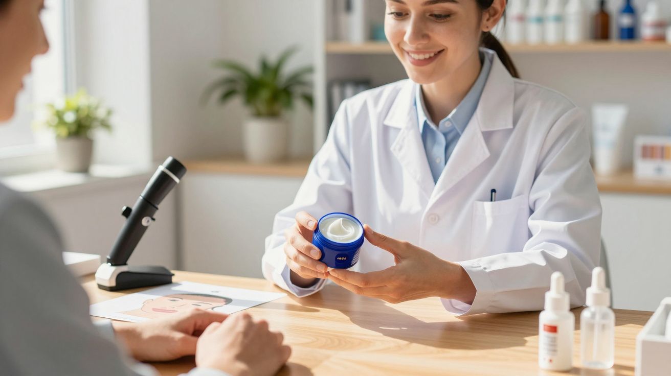 Dermatologista sorridente mostra creme para paciente durante consulta em clínica.