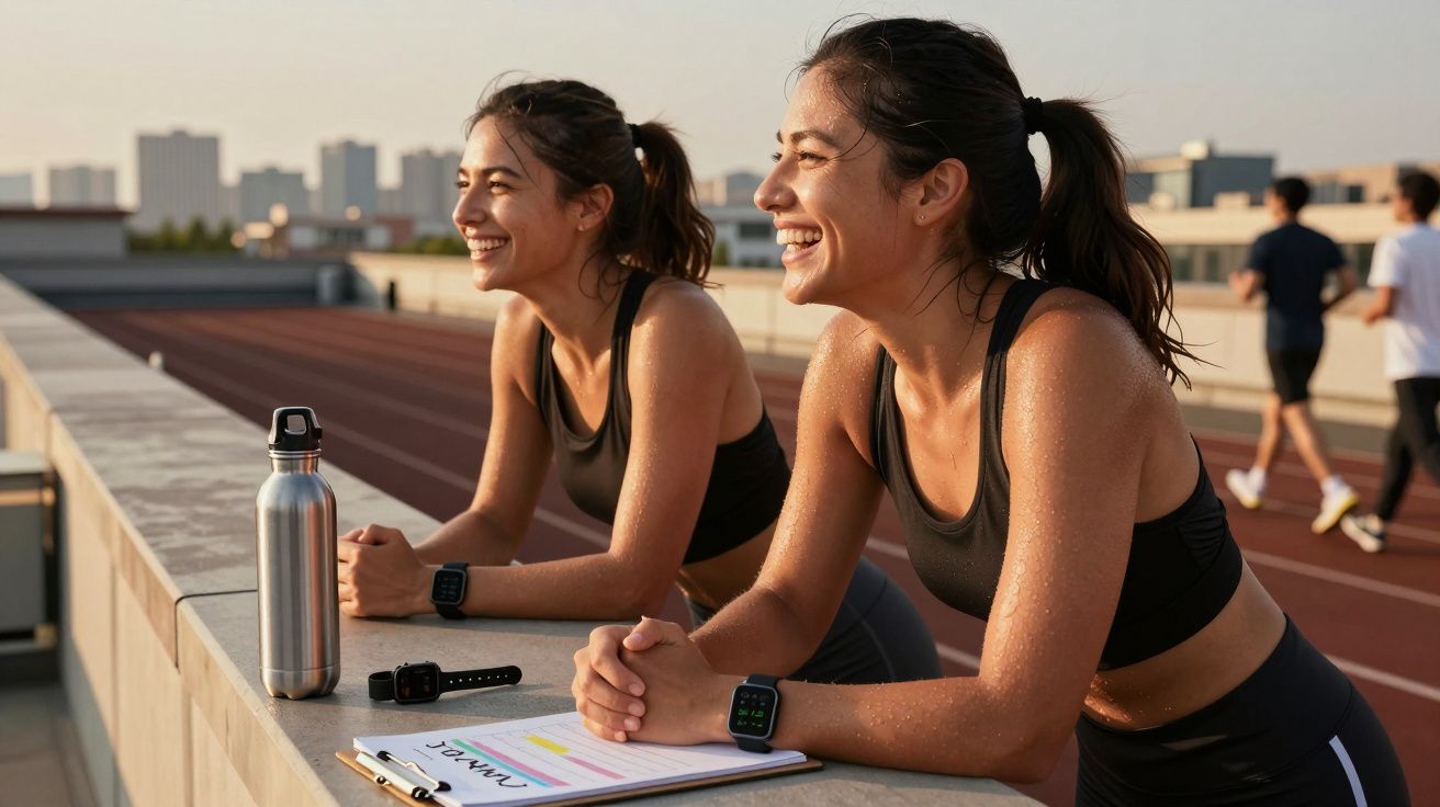 Duas mulheres sorrindo e descansando após exercício em pista de corrida ao ar livre, com garrafa e planilha.