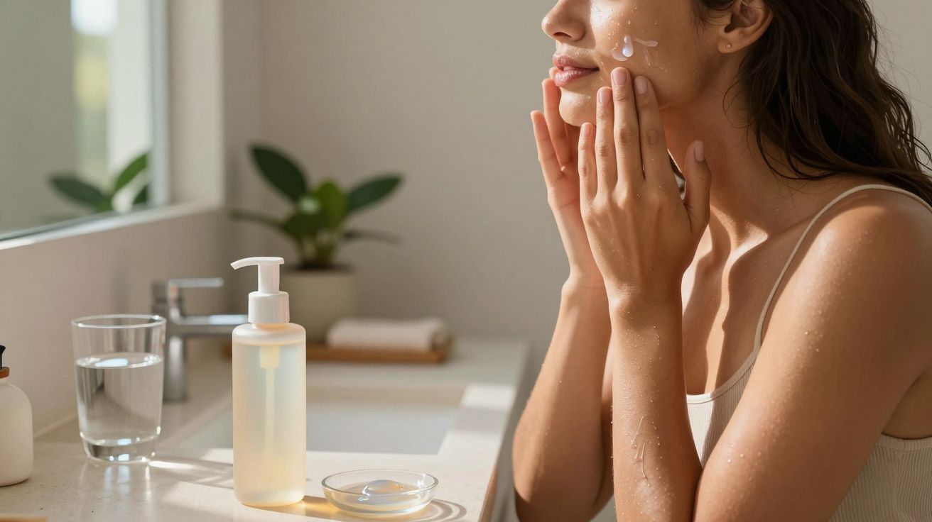 Mulher aplicando creme hidratante no rosto em banheiro iluminado por luz natural.