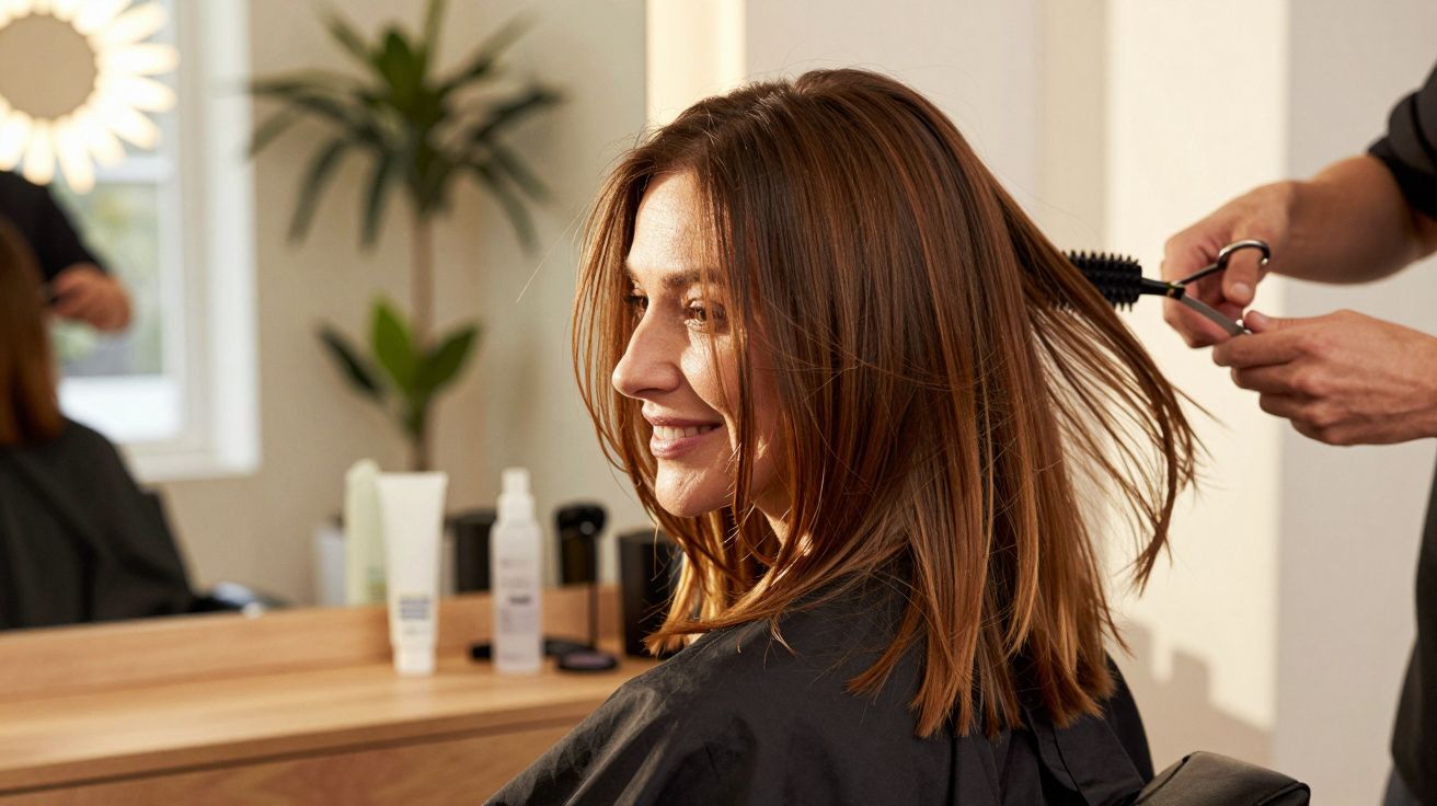 Mulher sorrindo enquanto penteiam seu cabelo castanho em salão de beleza iluminado.
