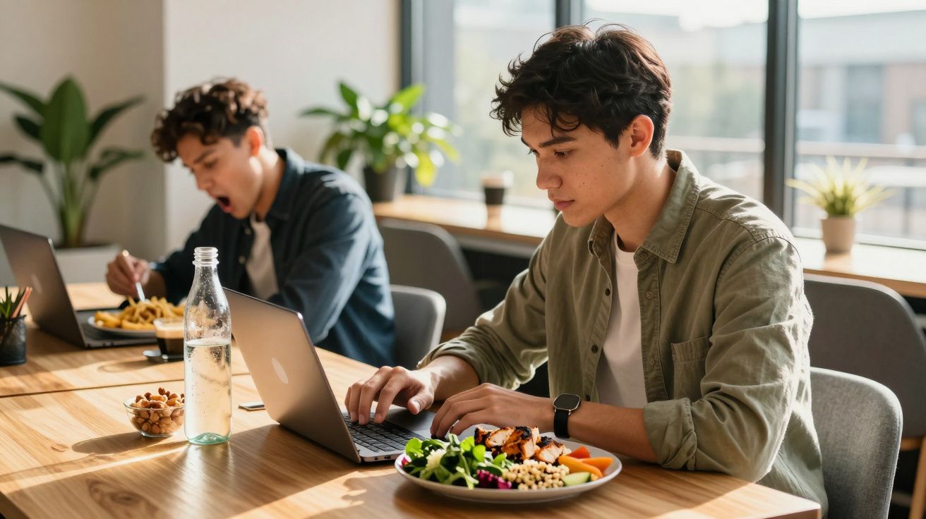 Dois homens jovens almoçando enquanto trabalham em seus laptops em ambiente iluminado por luz natural.