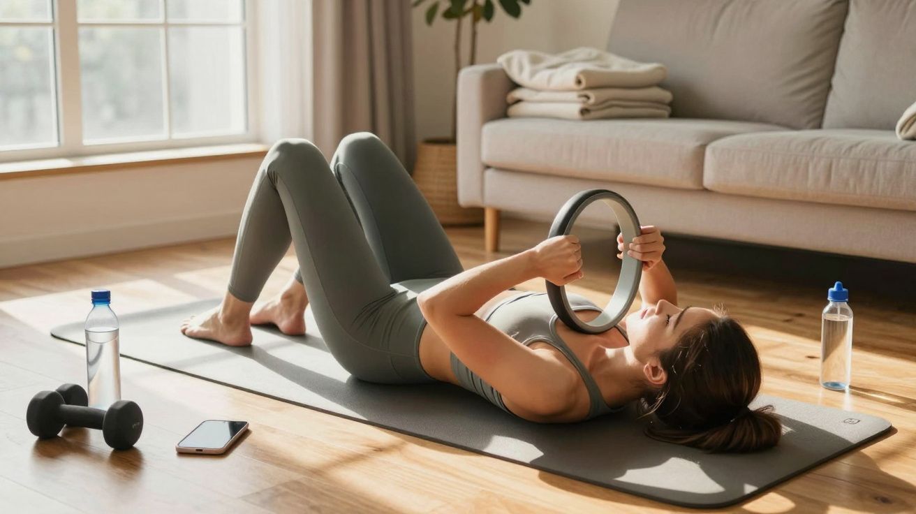 Mulher fazendo exercícios de Pilates com aro, deitada em tapete ao lado de pesos e garrafas d’água.