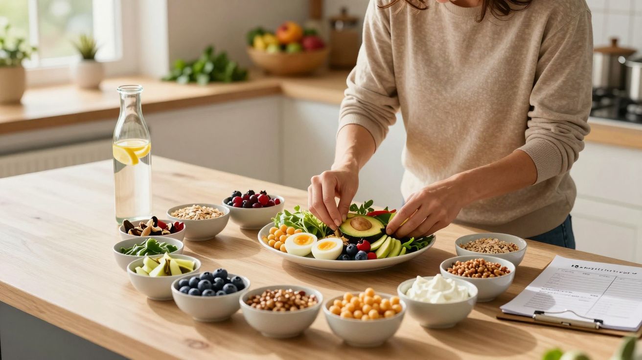 Pessoa arrumando salada saudável com ovos, abacate, frutas e grãos em uma cozinha iluminada.