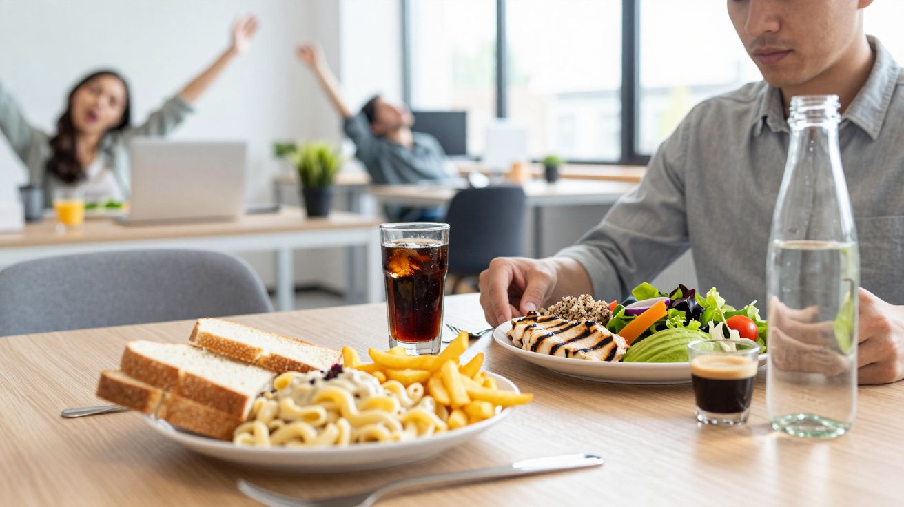 Pessoa almoçando salada com frango e quinoa em mesa de escritório, enquanto colegas ao fundo se espreguiçam.