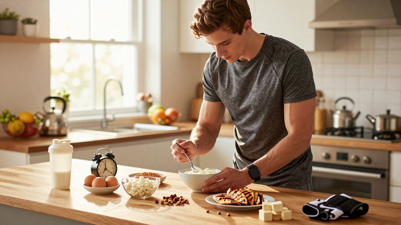 Jovem fazendo refeição saudável na cozinha com ovos, frutas, iogurte e chocolate ao leite na bancada.