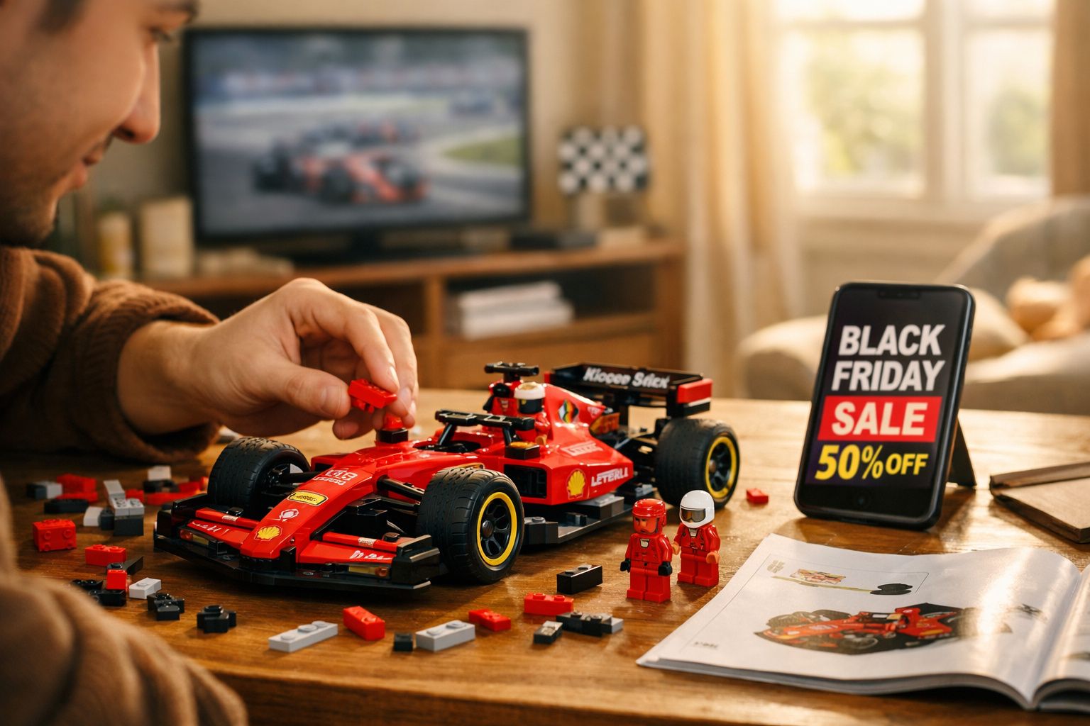 Pessoa montando carrinho de brinquedo vermelho com oferta de Black Friday mostrada em celular ao fundo.