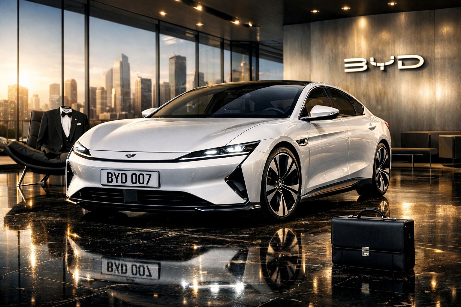 Carro elétrico branco BYD 007 em showroom moderno com teto de vidro e maleta preta no chão.