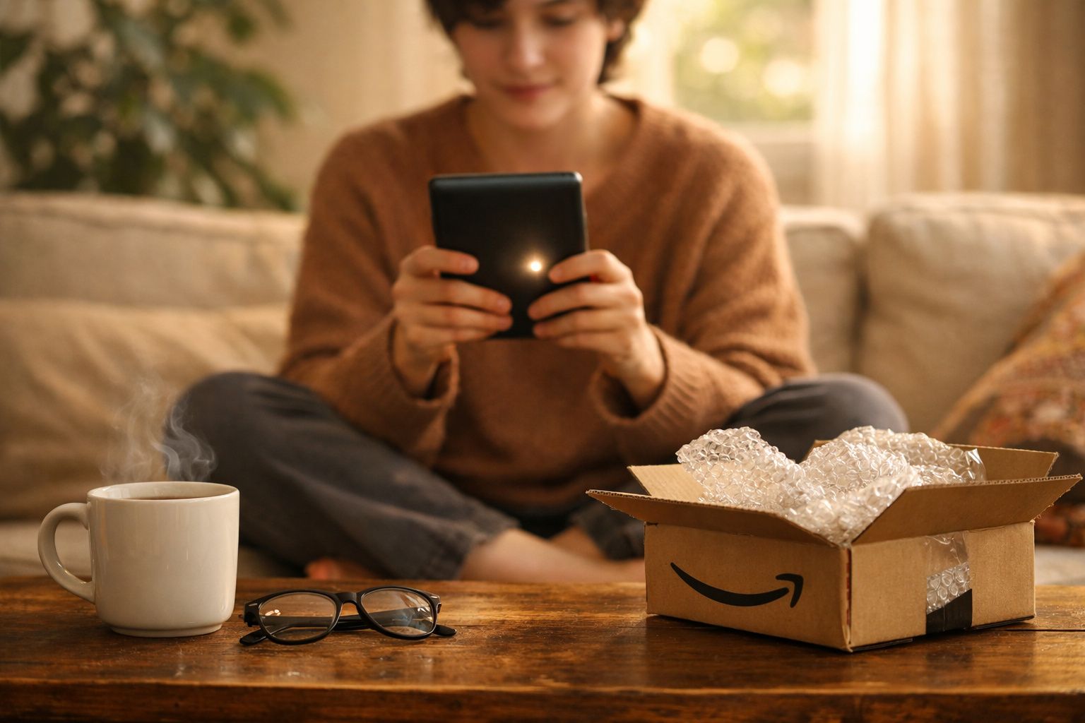 Pessoa sentada no sofá lendo em e-reader com caixa da Amazon, óculos e xícara de café na mesa.