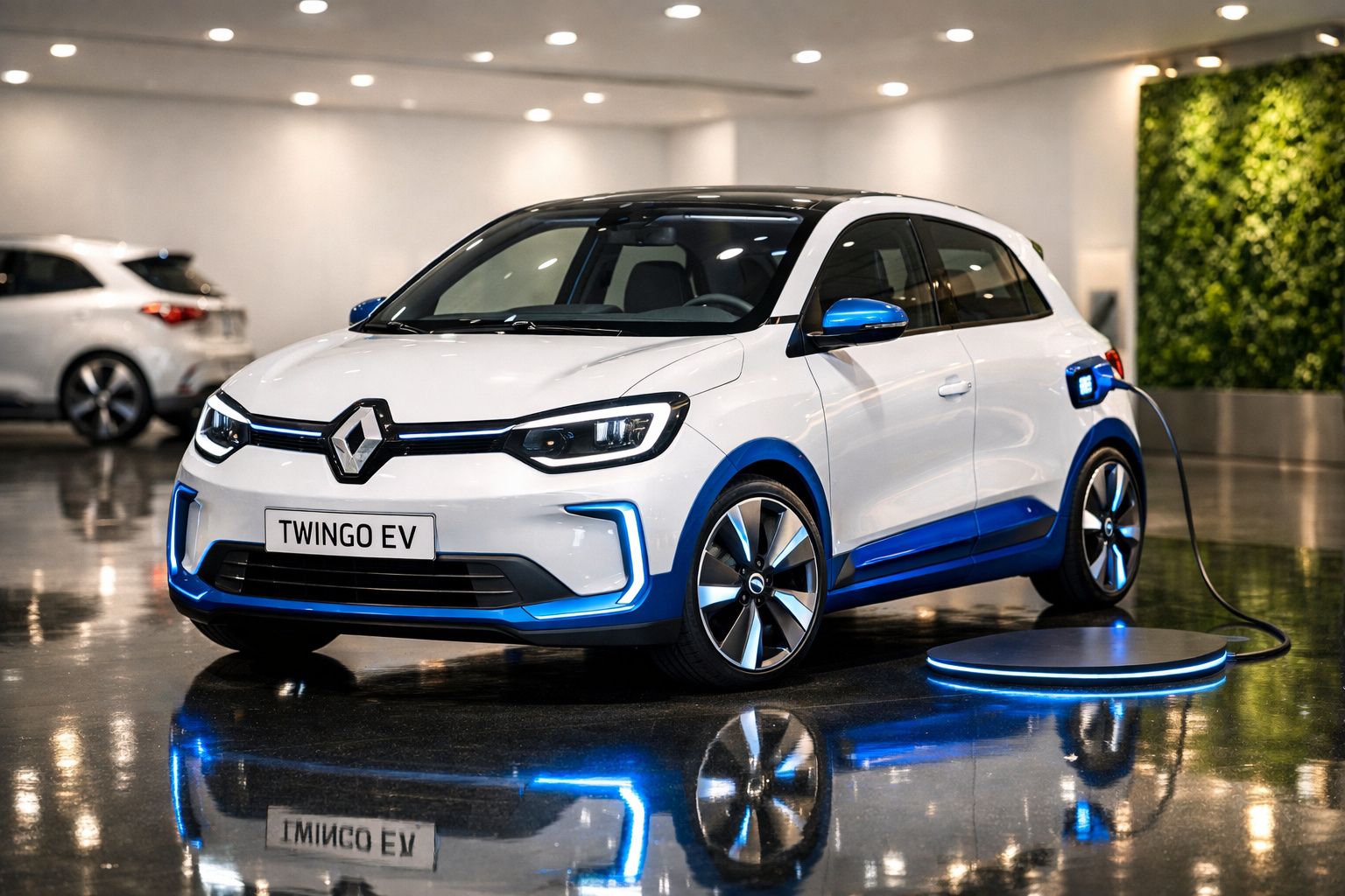 Carro elétrico branco e azul Renault Twingo EV carregando em estação interna moderna.