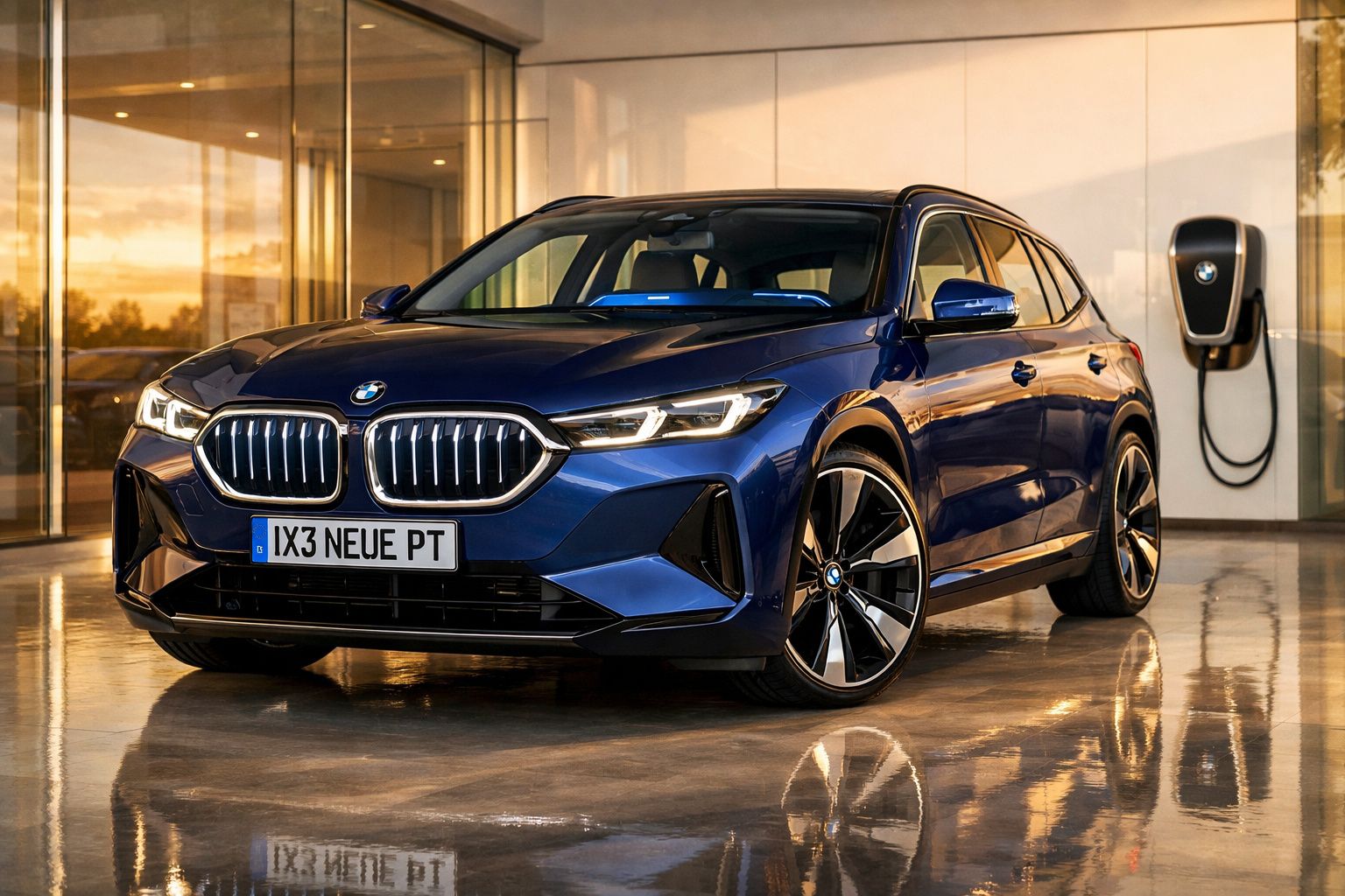 Carro elétrico BMW azul estacionado em garagem com carregador elétrico na parede.