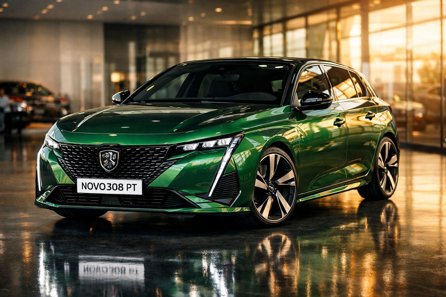 Carro hatch verde metálico Peugeot 308 PT exibido em ambiente interno com piso refletivo.