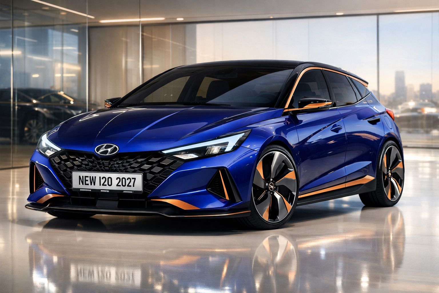 Carro Hyundai i20 2027 azul com detalhes em laranja em ambiente interno iluminado.