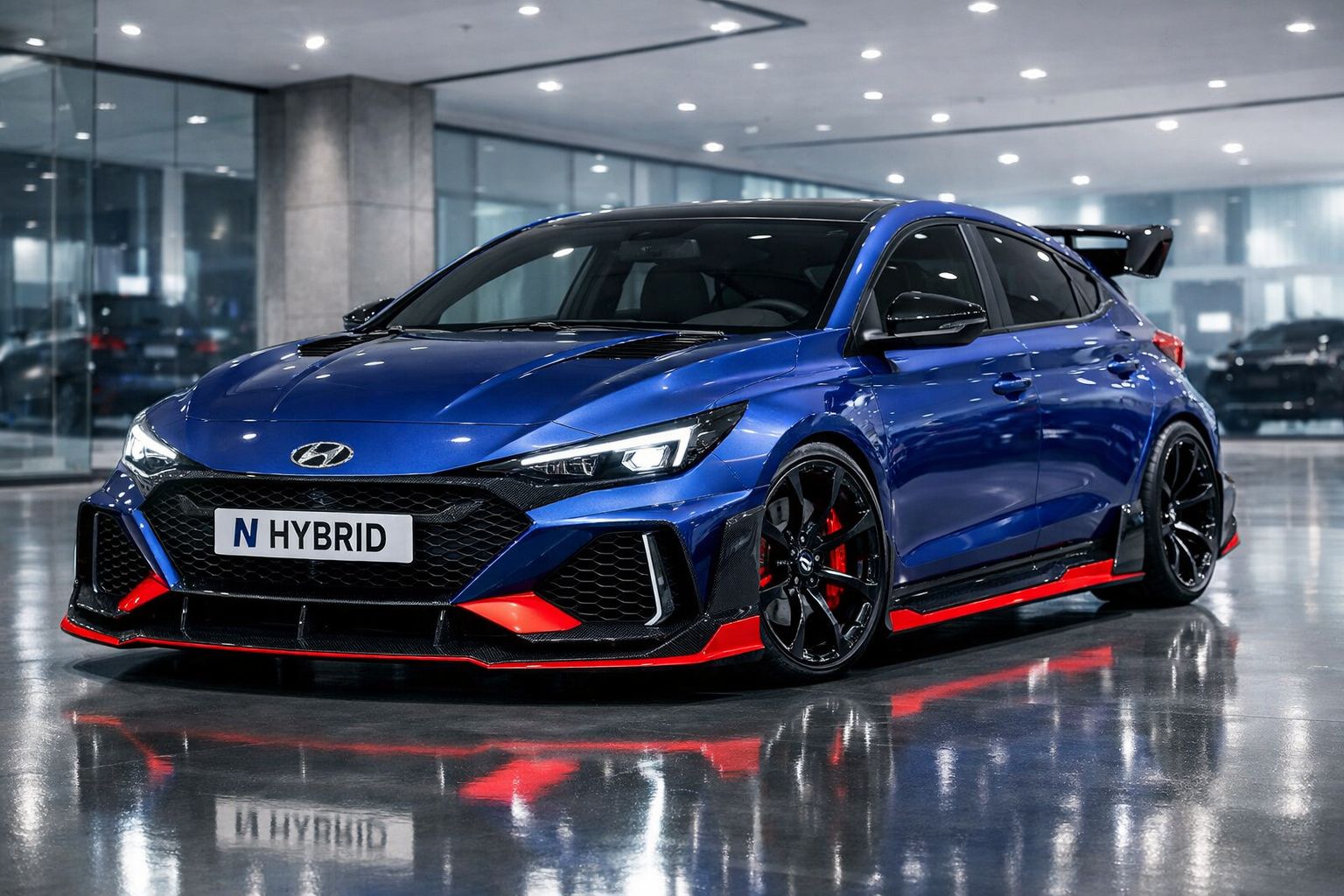 Carro esportivo híbrido azul com detalhes em vermelho, estacionado em garagem iluminada e reflexo no chão molhado.