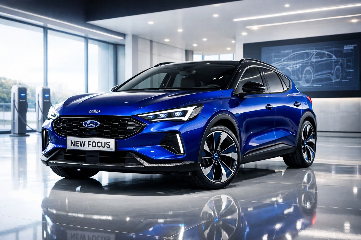 Carro azul Ford New Focus em ambiente interno moderno com painéis de vidro e iluminação brilhante.