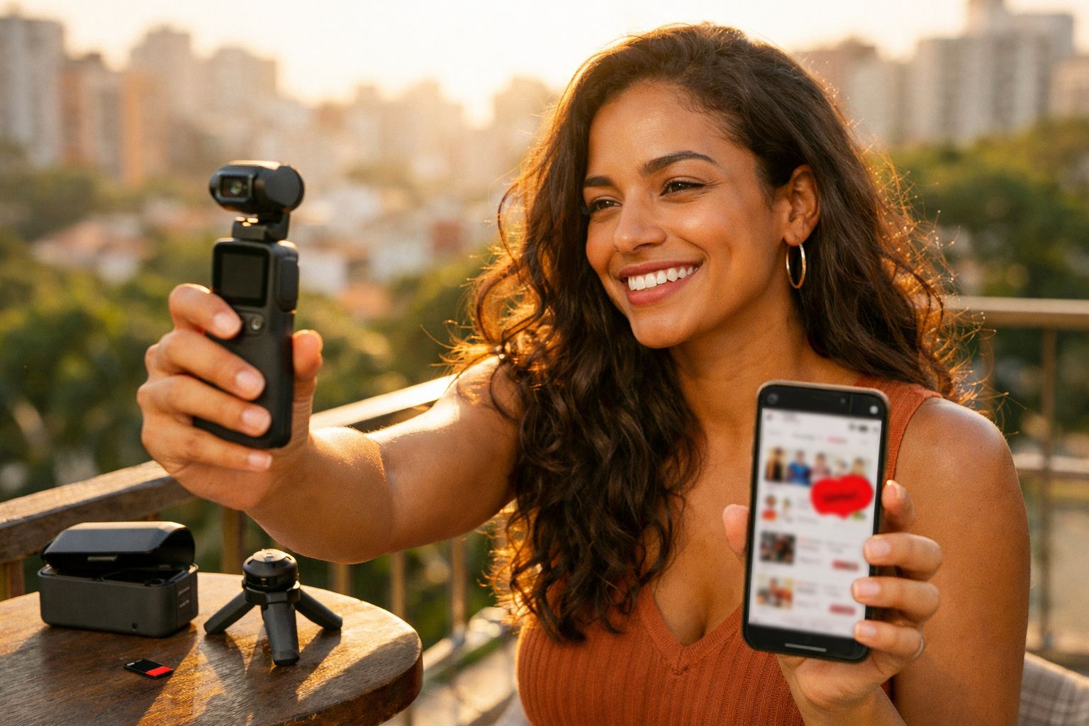 Mulher sorridente segurando estabilizador de câmera e celular, gravando vídeo ao ar livre no pôr do sol.