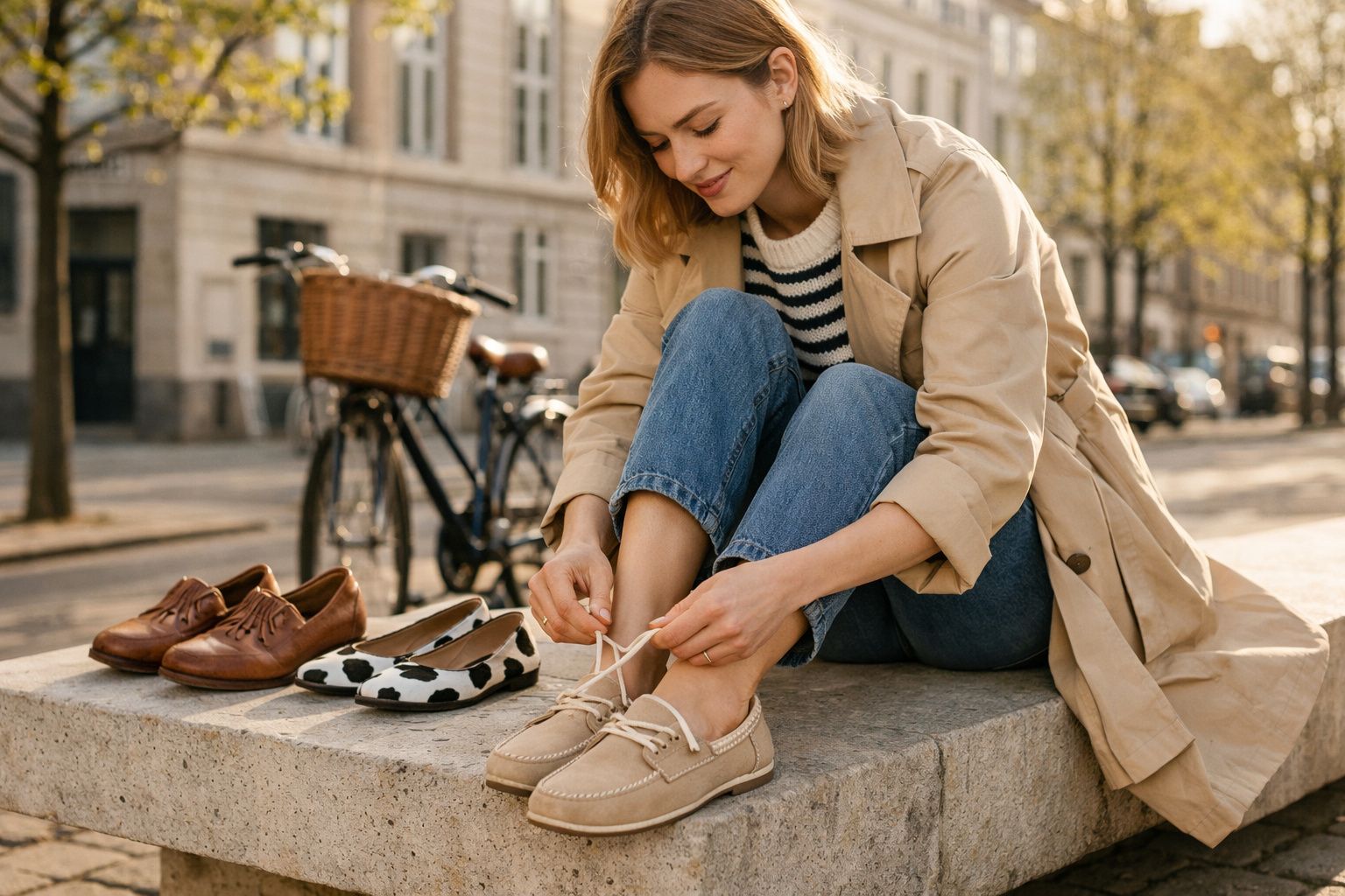 Mulher sentada amarrando o sapato ao ar livre com outros dois pares de sapatos ao lado e bicicleta ao fundo.