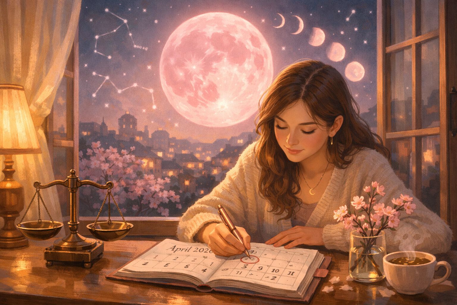 Jovem mulher marcando data em calendário com lua cheia e constelações ao fundo durante a noite.