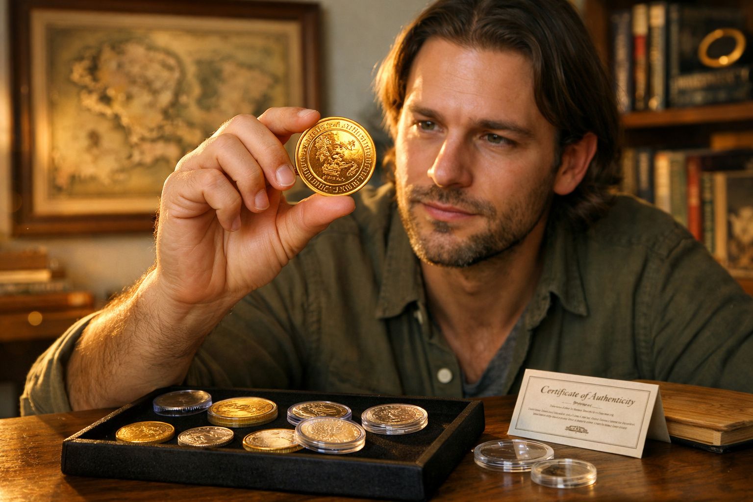 Homem observando moeda de ouro enquanto exibe coleção de moedas antigas sobre mesa de madeira.