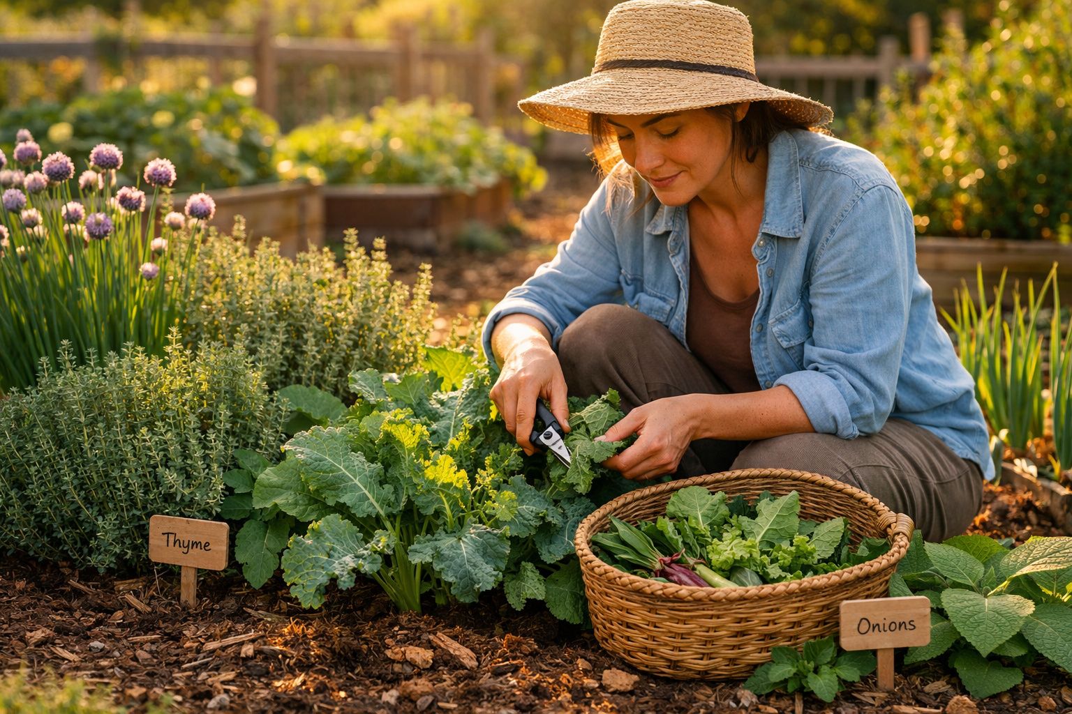 Mulher colhendo verduras frescas em horta com chapéu de palha e cesta de vegetais ao lado.