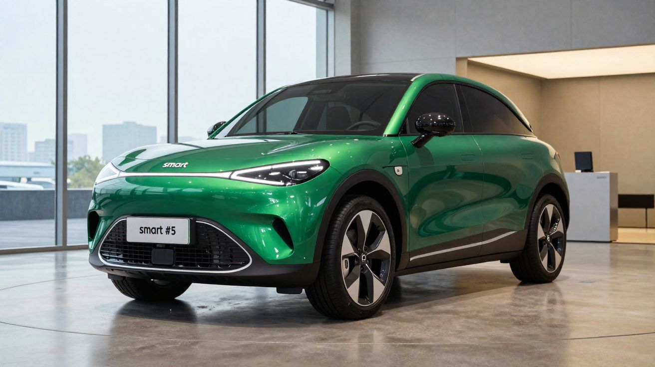 Carro elétrico verde Smart #5 estacionado em showroom com janelas grandes ao fundo.
