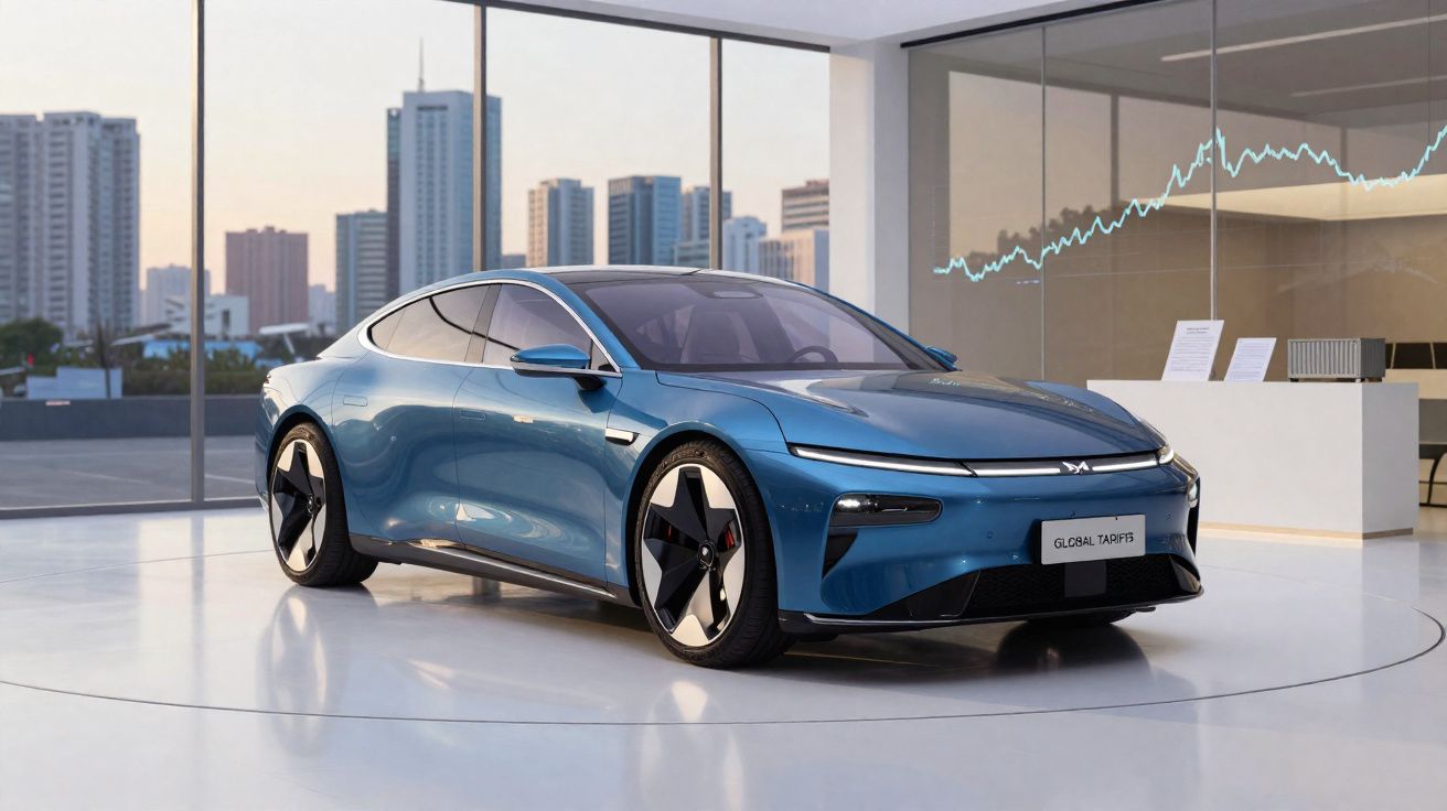 Carro elétrico azul futurista exibido em showroom moderno com prédios ao fundo e gráfico na parede.