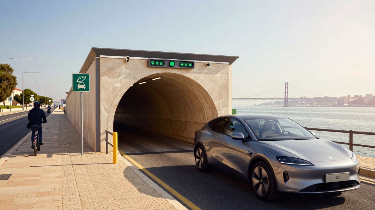 Carro elétrico cinza entrando em túnel à beira de rio, com ciclista na ciclovia ao lado e ponte ao fundo.