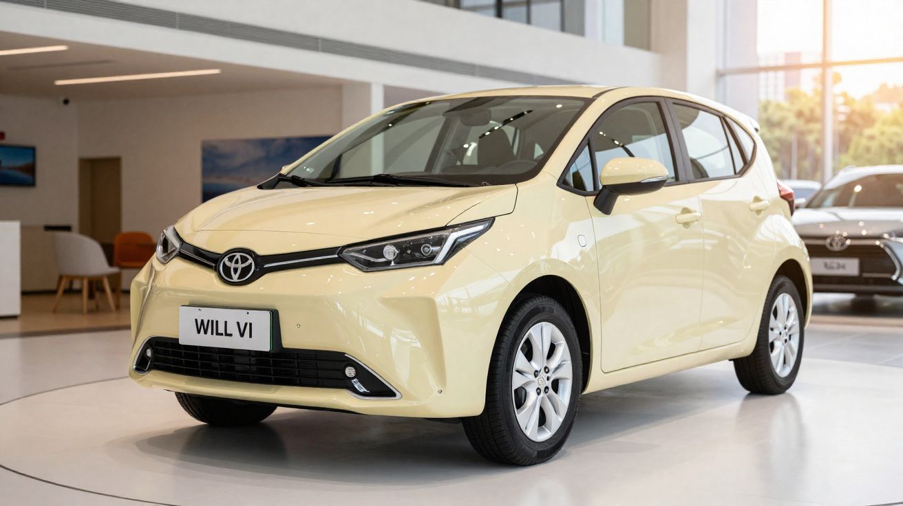 Carro Toyota WILL VI bege exposto em showroom moderno iluminado.