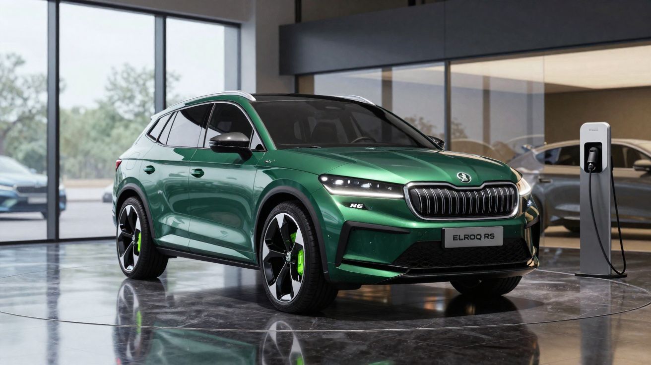 Carro elétrico SUV verde Škoda Elroq RS em exposição em sala ampla com parede de vidro.