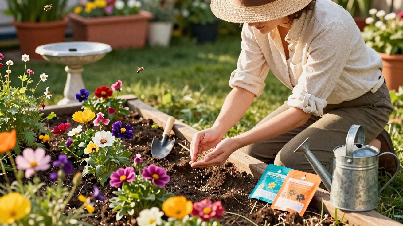 Pessoa sem rosto plantando sementes em canteiro com flores coloridas e regador metálico ao lado.