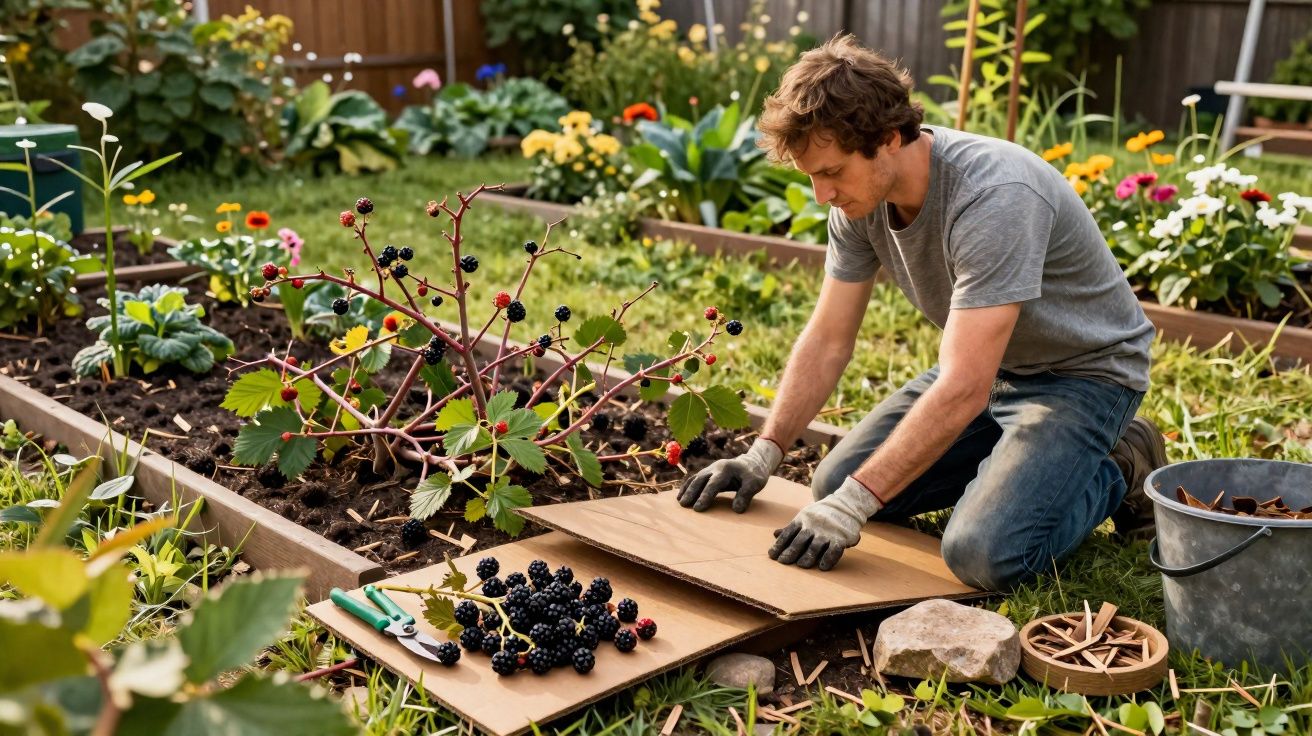 Homem ajoelhado colhendo amoras em jardim com luvas, cercado por plantas e flores coloridas.