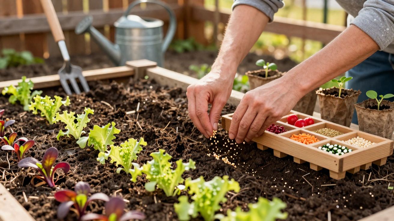 Pessoa plantando sementes em canteiro com mudas de alface, usando bandeja com diferentes tipos de sementes.