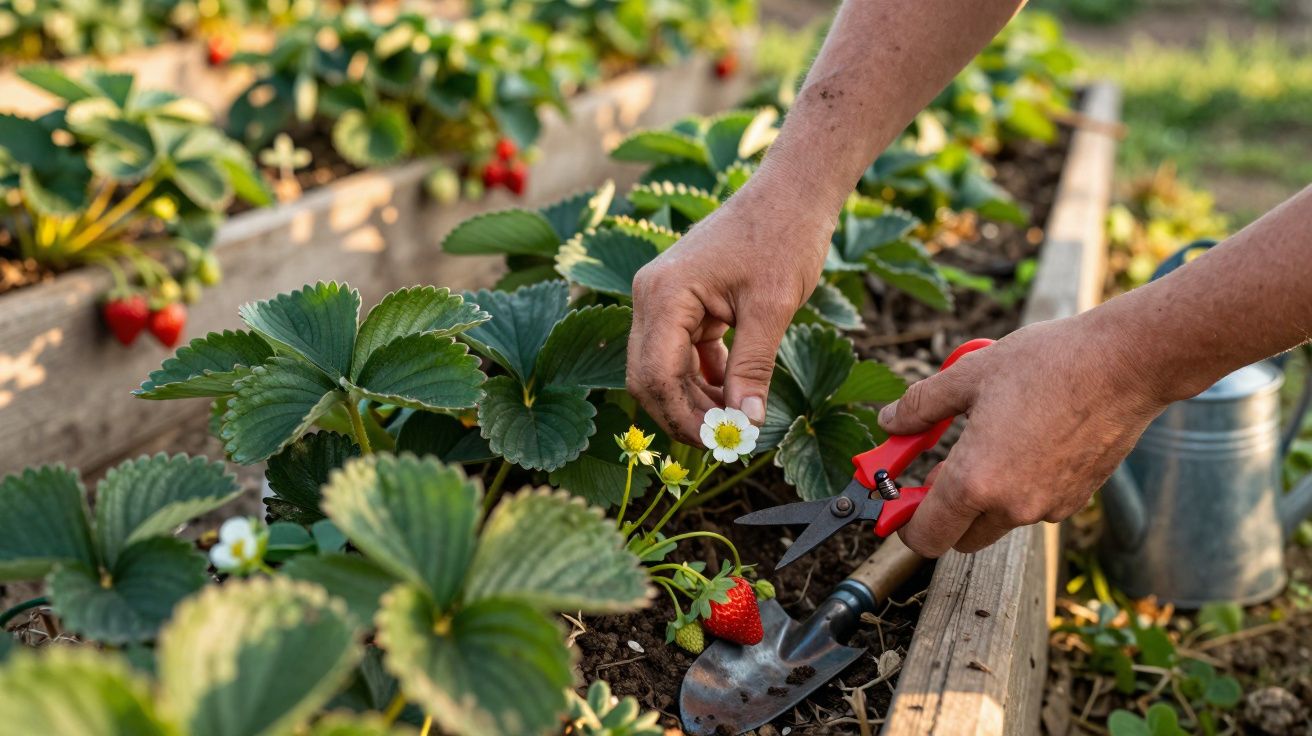 Mãos cuidando de planta de morango com flor branca, fruto vermelho e ferramentas em canteiro de madeira.