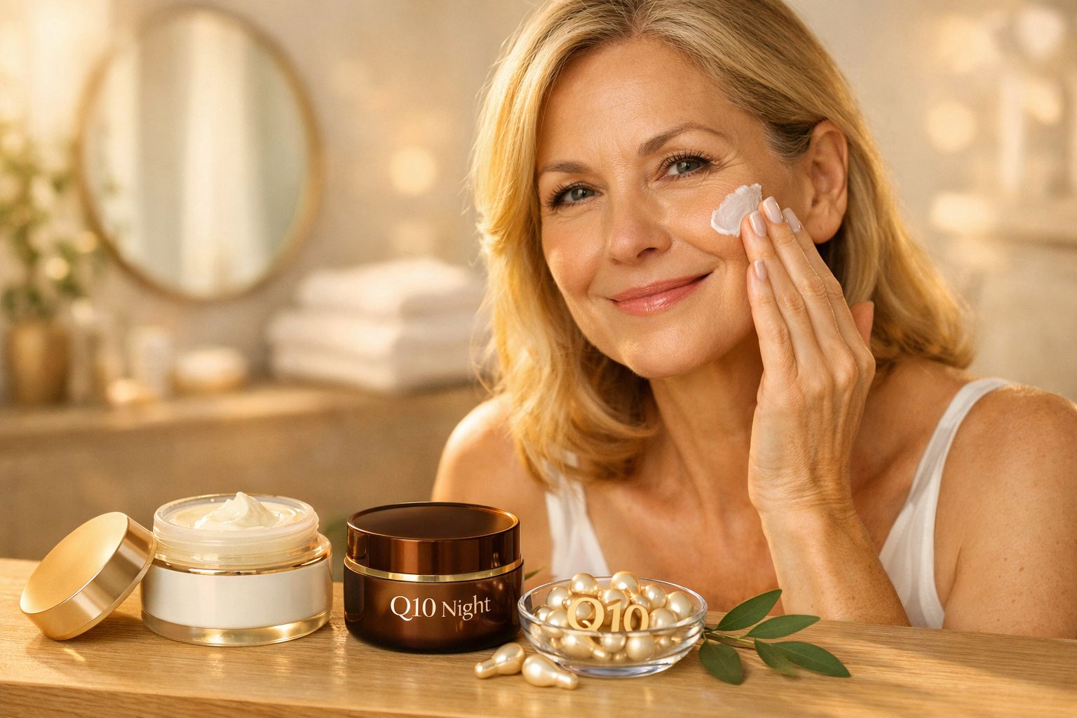 Mulher loira aplicando creme facial, com potes de cosméticos Q10 em uma bancada.