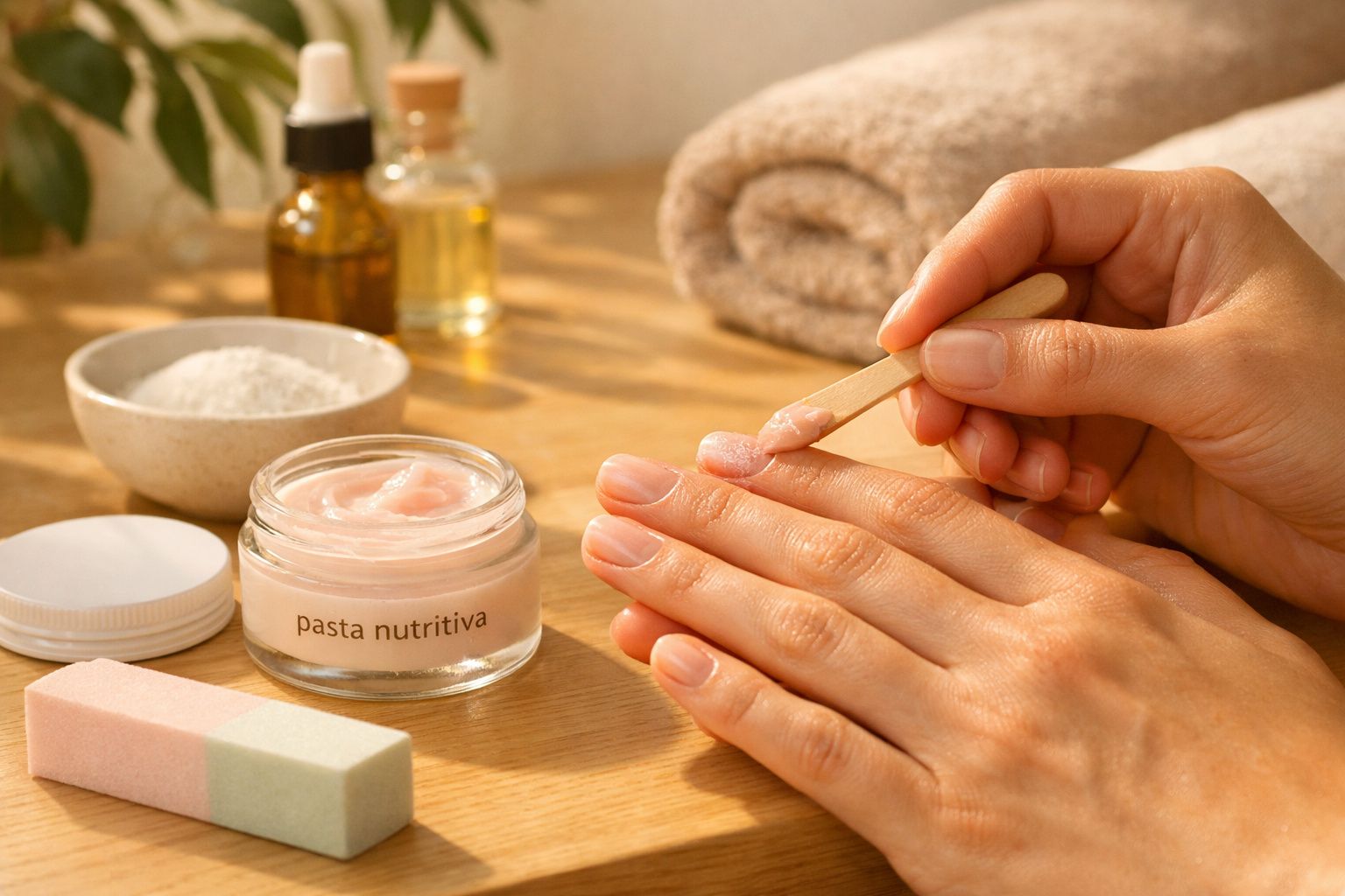 Pessoa aplicando pasta nutritiva nas unhas com palito em ambiente iluminado e itens de cuidados pessoais ao fundo.