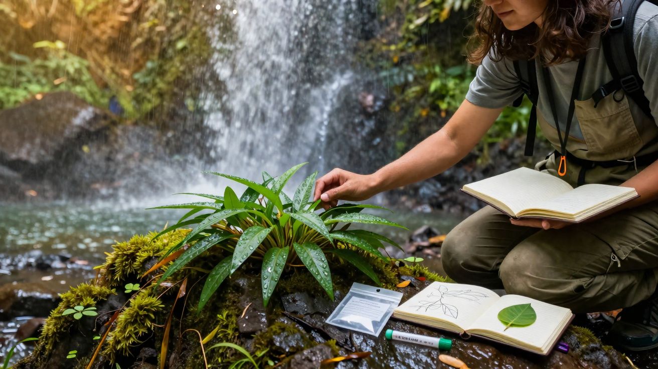 Pessoa estudando plantas perto de uma cachoeira, com caderno aberto e desenhos botânicos ao lado.